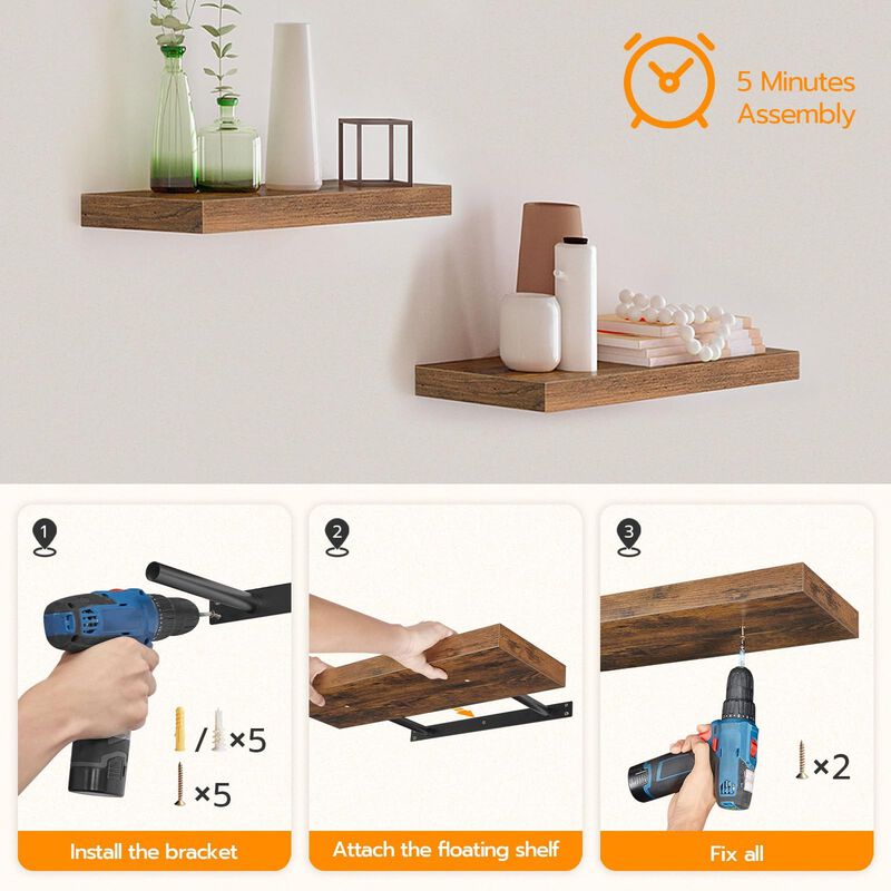 Wall-Mounted Shelf Set of 2, Floating Storage for Bedroom, Kitchen, or Living Room-Brown image number 5