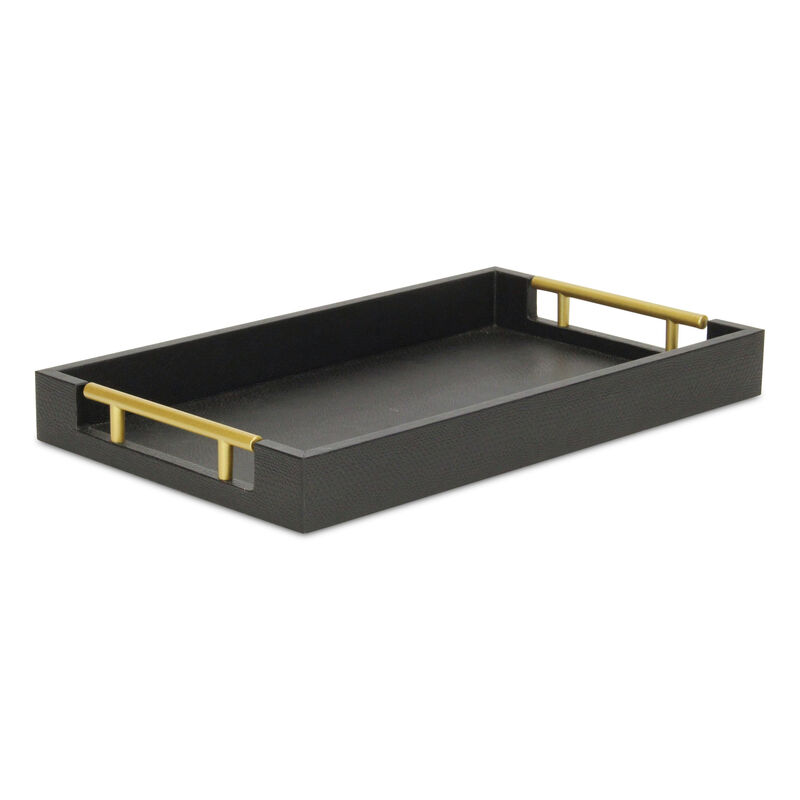HomeRoots 16" Black Wood Faux Shagreen Serving Tray With Handles image number 2