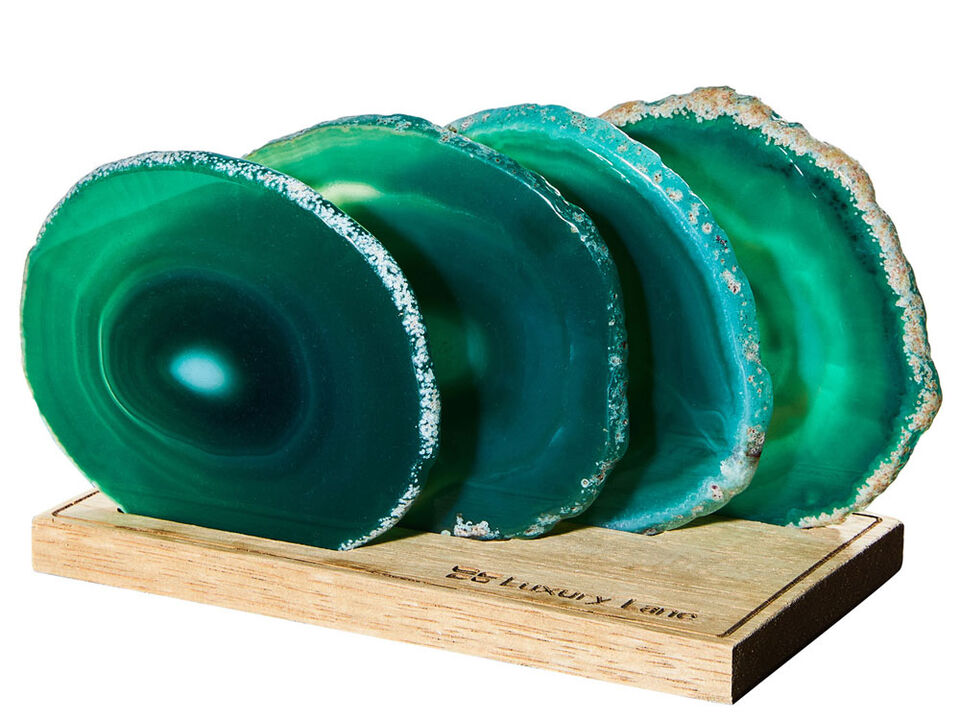 Natural Brazilian Agate Stone Coasters with Wood Holder, Set of 4