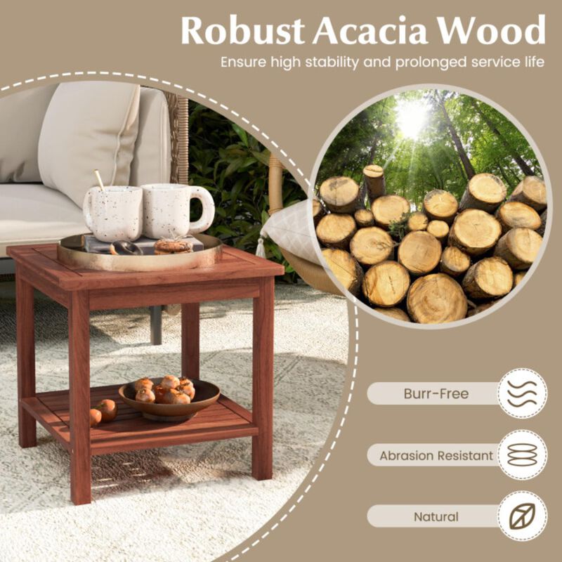 Hivvago Double-Tier Acacia Wood Patio Side Table with Slatted Tabletop and Shelf
