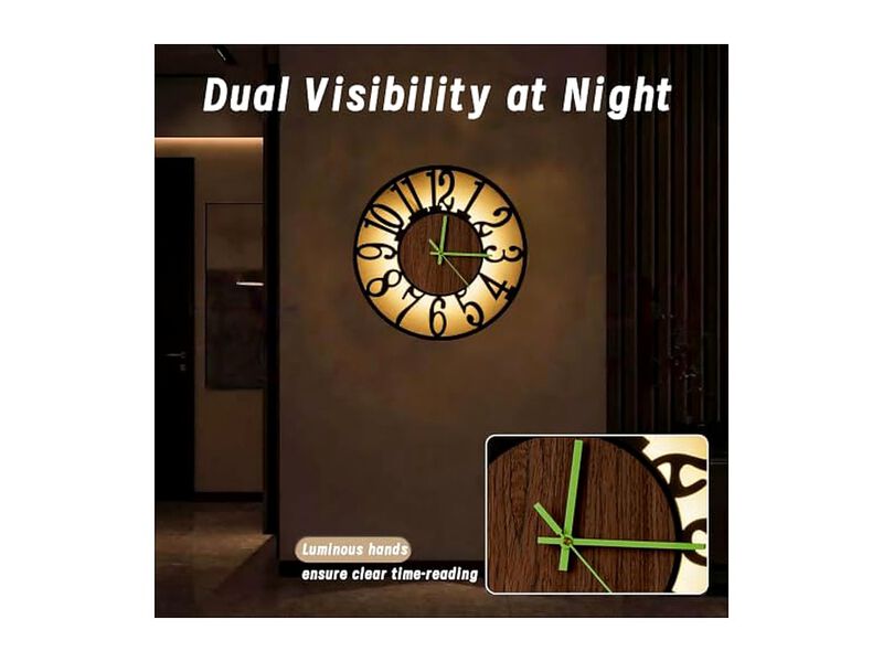 Glow In The Dark Modes Night Light Rustic Wall Clock Silent Metal image number 3