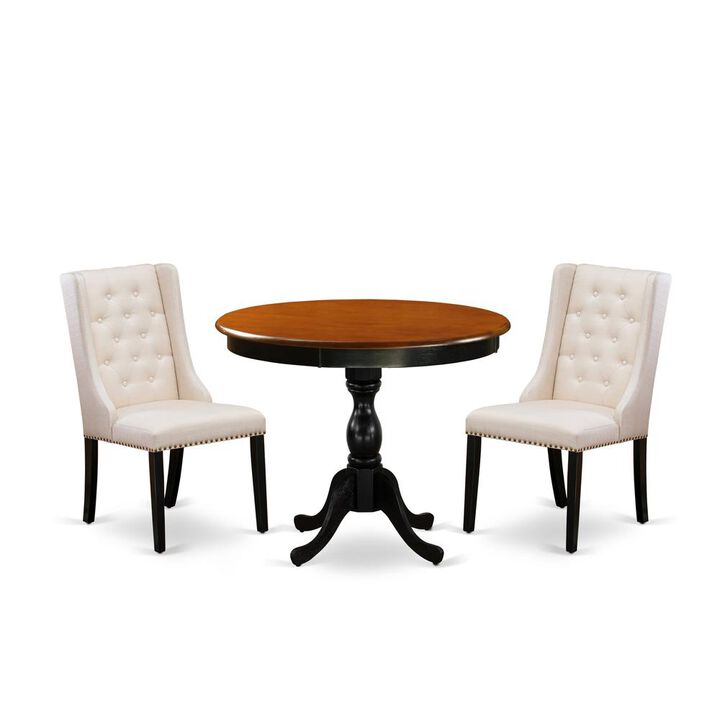 East West Furniture 3-Pc Wooden Dinette Set Consists of a Dinette Table and 2 Cream Linen Fabric Mid Century Modern Chairs with Button Tufted Back - Black Finish