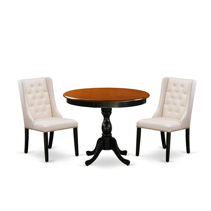 East West Furniture 3-Pc Wooden Dinette Set Consists of a Dinette Table and 2 Cream Linen Fabric Mid Century Modern Chairs with Button Tufted Back - Black Finish