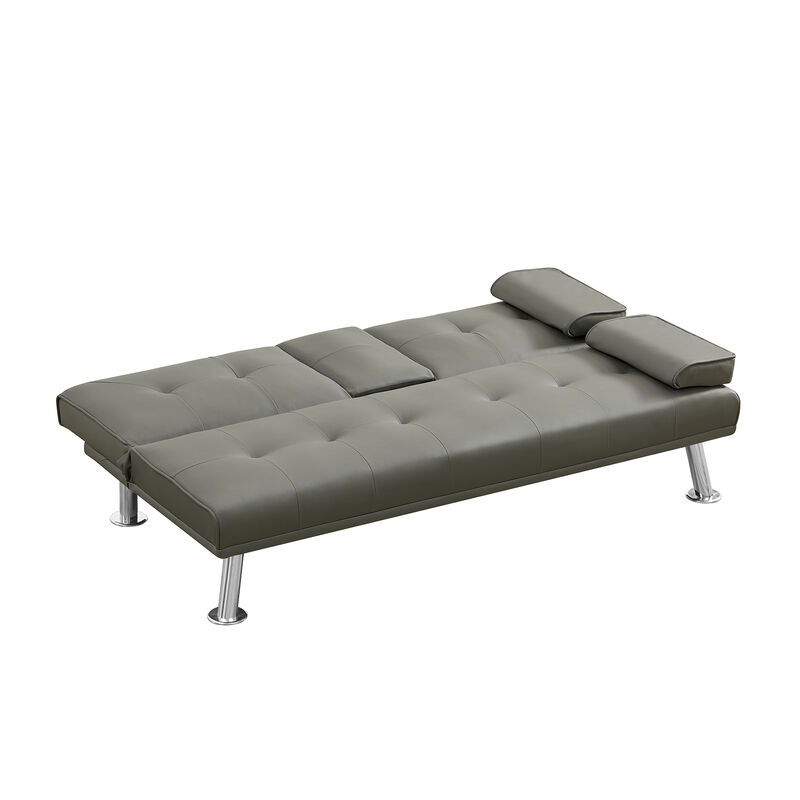 Grey PU Sofa Bed with Cup Holder - Comfortable and Stylish Convertible Sleeper Sofa