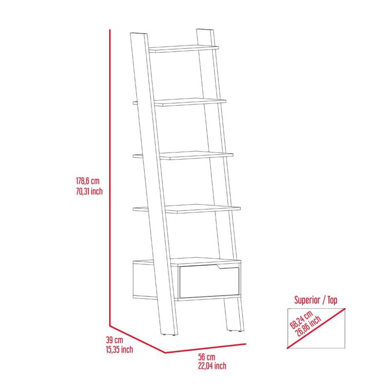 Oslo Ladder Bookcase, Four Legs, One Drawer, Five Open Shelves -Dark Walnut