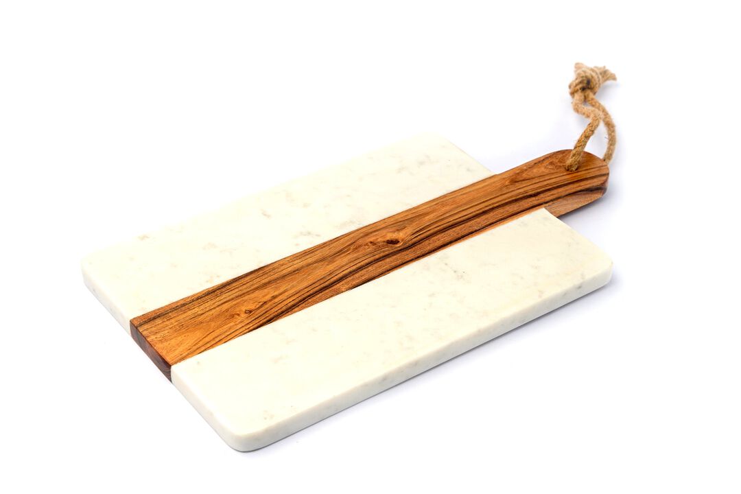 15 x 8 White Marble and Wood Accent Charcuterie Board with Handle