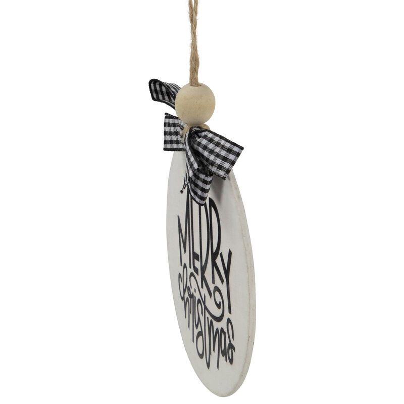 4" Black and White Merry Christmas Ornament Wooden Disc with Plaid Bow image number 3