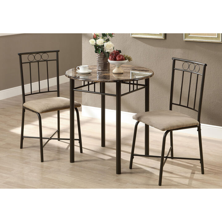 Monarch Specialties I 3045 Dining Table Set, 3pcs Set, Small, 30" Round, Kitchen, Metal, Laminate, Brown Marble Look, Transitional