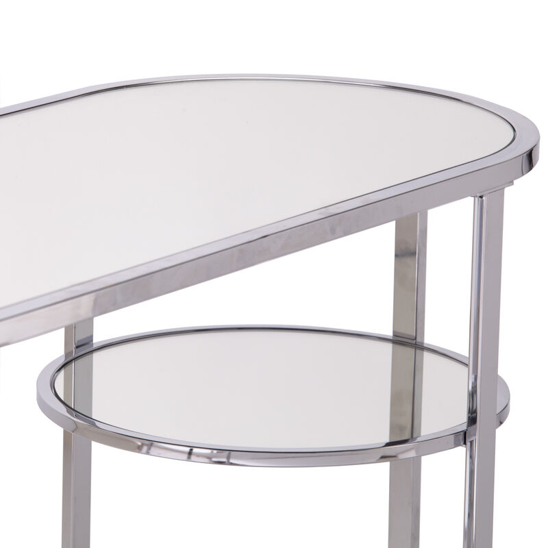 HomeRoots 42" Silver Mirrored Glass and Iron Oval Cross Leg Console Table With Two Shelves image number 4