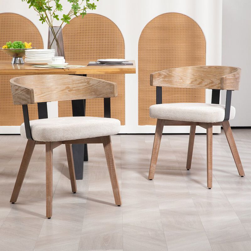 Glamour Home Set of 2 Beck Beige Linen Fabric Dining Chair Natural Wood Backrest and Legs
