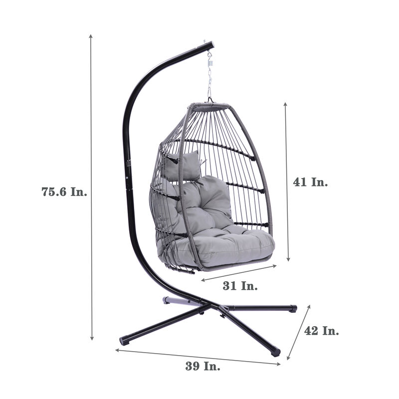 Outdoor Patio Wicker Folding Hanging Chair - Rattan Swing Hammock Egg Chair with Cushion and Pillow