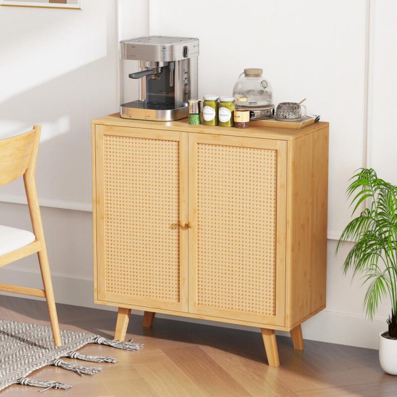 Hivvago Bamboo Buffet Storage Cabinet with PE Rattan Doors and Freestanding Kitchen Cupboard