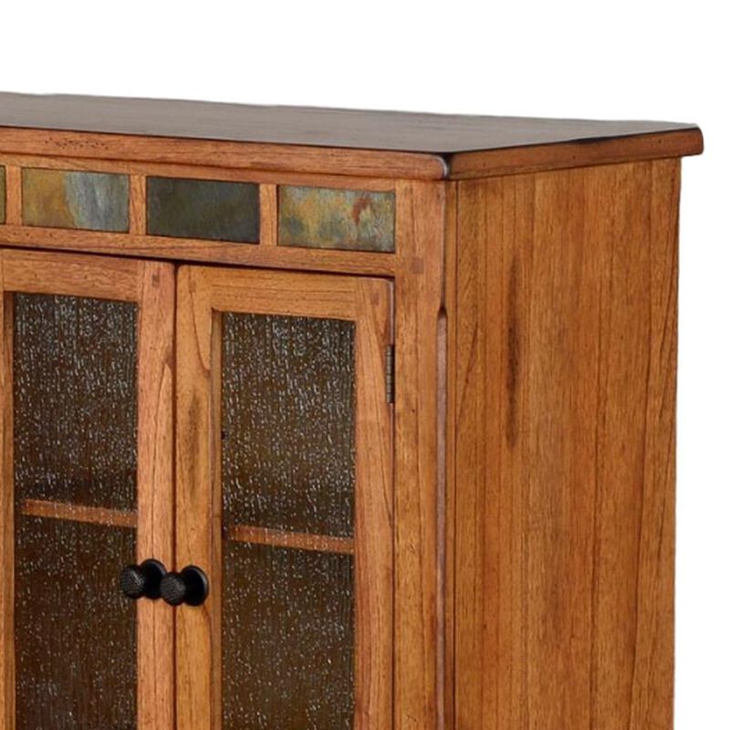 Marv Bookcase Cabinet, 4 Waterfall Glass Doors Slate Inlay Light Brown - Benzara
