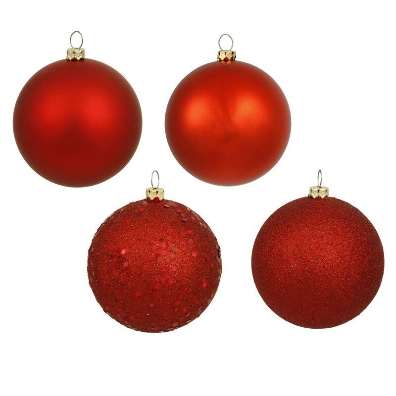 Vickerman Red 4" 4-Finish Ball Christmas Ornament Set - Shatterproof Plastic - 12 Ornaments per Box - Ready to Hang - Seasonal Holiday Decorations- Variety Pack image number 0