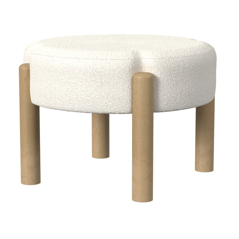 Eli 22 Inch Ottoman Footstool, Cream Boucle and Natural Brown Hardwood
