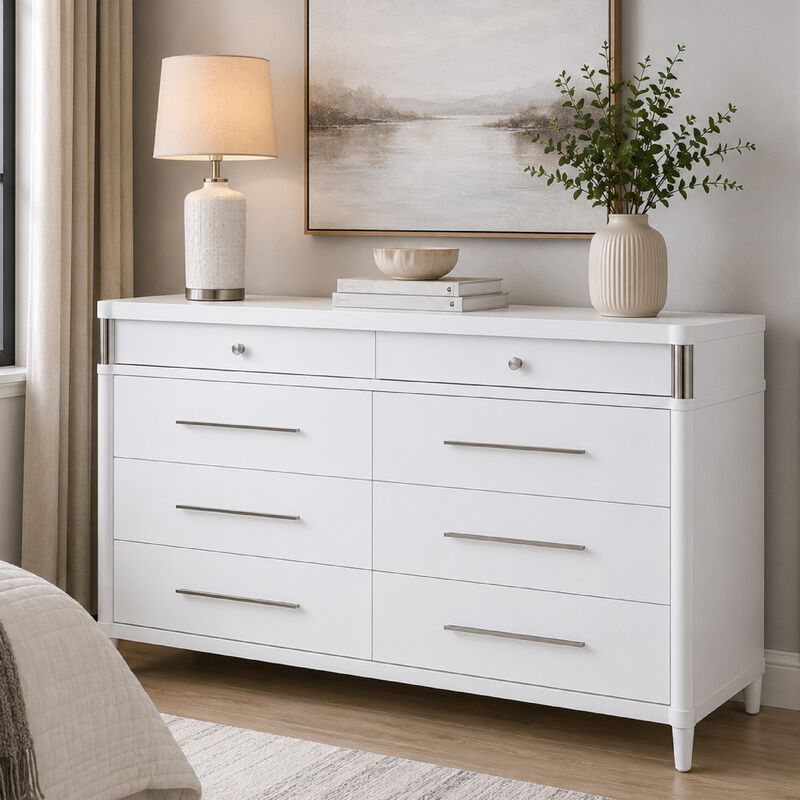 Ruvie Wide Dresser, 8 Drawers w Felt lined Jewellery Drawer, White Wood image number 8