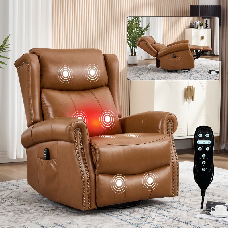 Genuine leather Heat Massage Manual Recliner Chair with Rocker and Swivel for Living Room image number 1
