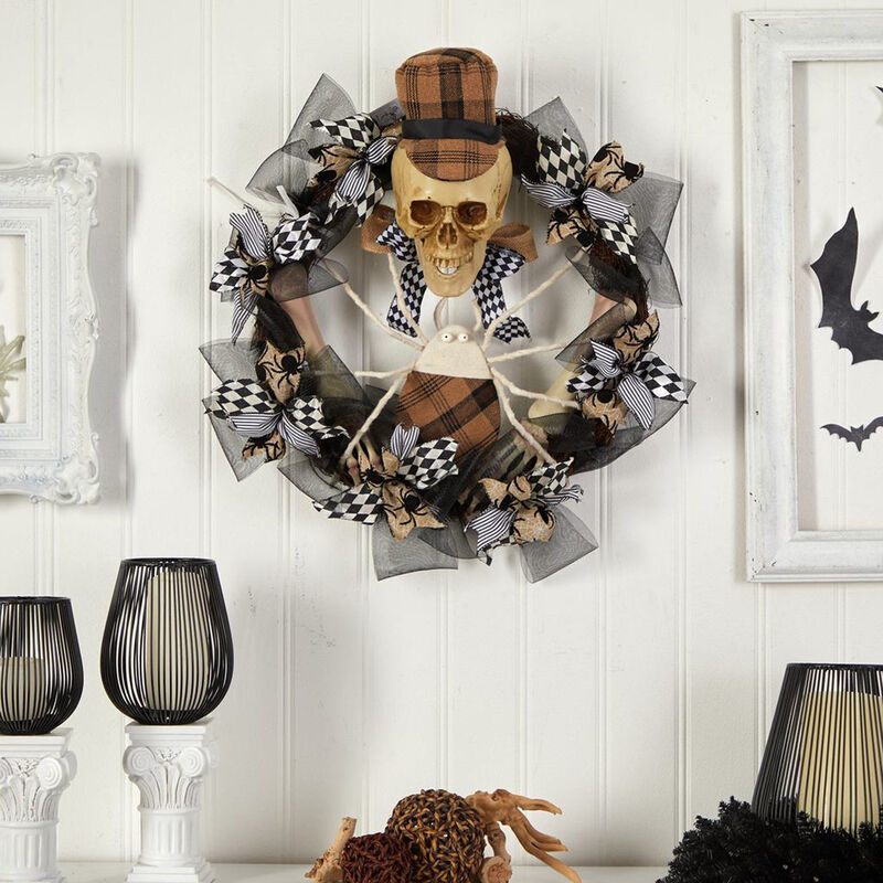 Nearly Natural 24-in Halloween Skull in Plaid Mesh Wreath