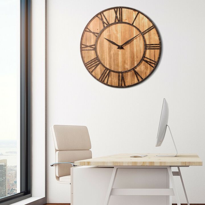 Hivvago Round 30 inch Roman Numeral Silent Wood Metal Farmhouse Wall Clock