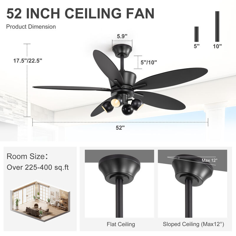 Breezary 52" Ceiling Fan with Lights, 5 Blades, G9 Bulbs Included, Remote Control, 6 Speeds image number 4