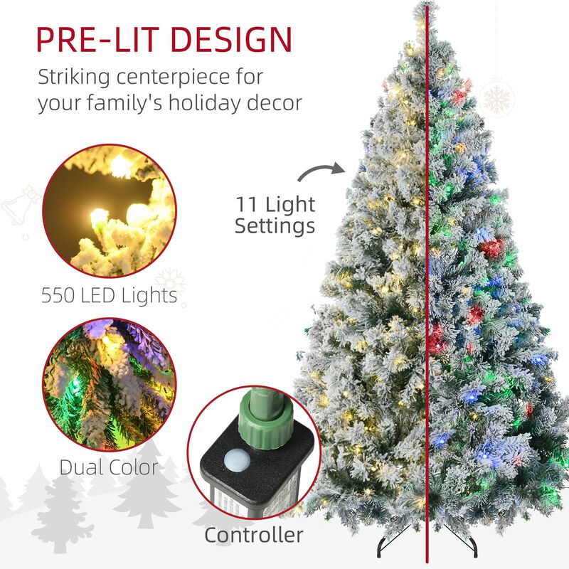 7.5ft Tall Prelit Artificial Christmas Tree Holiday Decor with 1149 Snow Flocked Branches