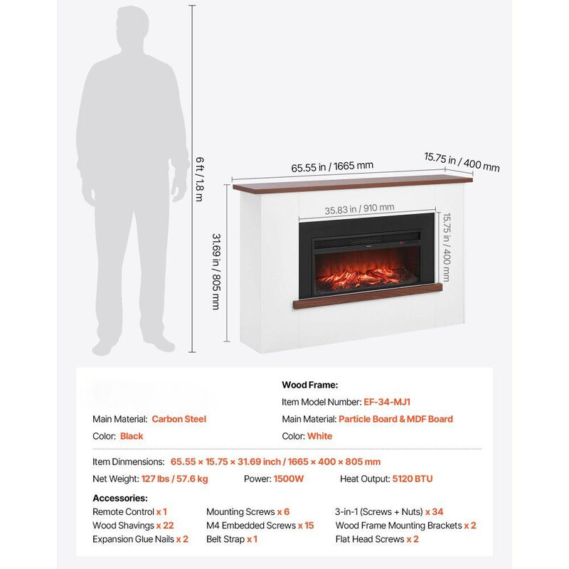 Freestanding Fireplace Heater 1500W with Adjustable Flames, Timer and Remote-White image number 2