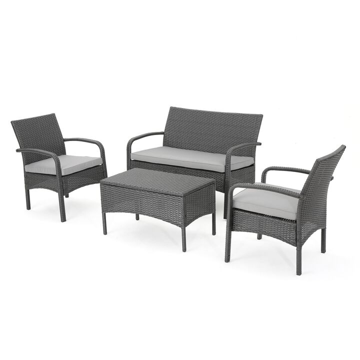 Orry 4pc Outdoor Table Set, 1 Loveseat, 2 Accent Chairs, Dark Gray Finish