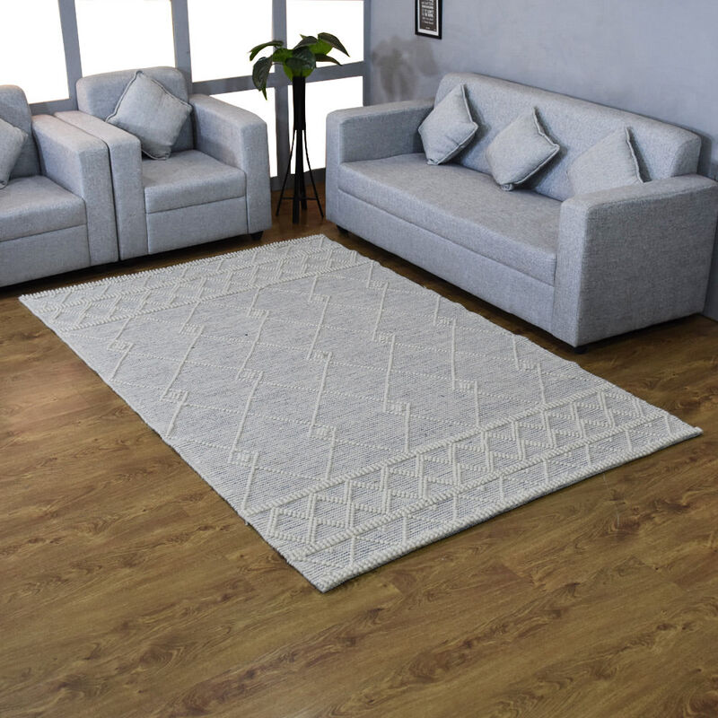 RUGSOTIC CARPETS HAND WOVEN FLAT WEAVE KILIM WOOL & COTTON ECO-FRIENDLY AREA RUGS  - 5'x7'6'', Rectangle Shape, White Blue Color, Contemporary Modern Design, Low Pile  Handmade Area Rugs (DWC001)