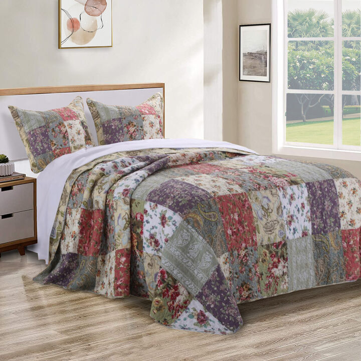 Chicago 3 Piece Fabric Full Bedspread Set with Jacobean Prints, Multicolor - Benzara