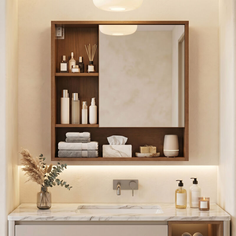 Bathroom Wall Mirror Cabinet with 2 Hidden Shelves and 3 Open Cubbies image number 5