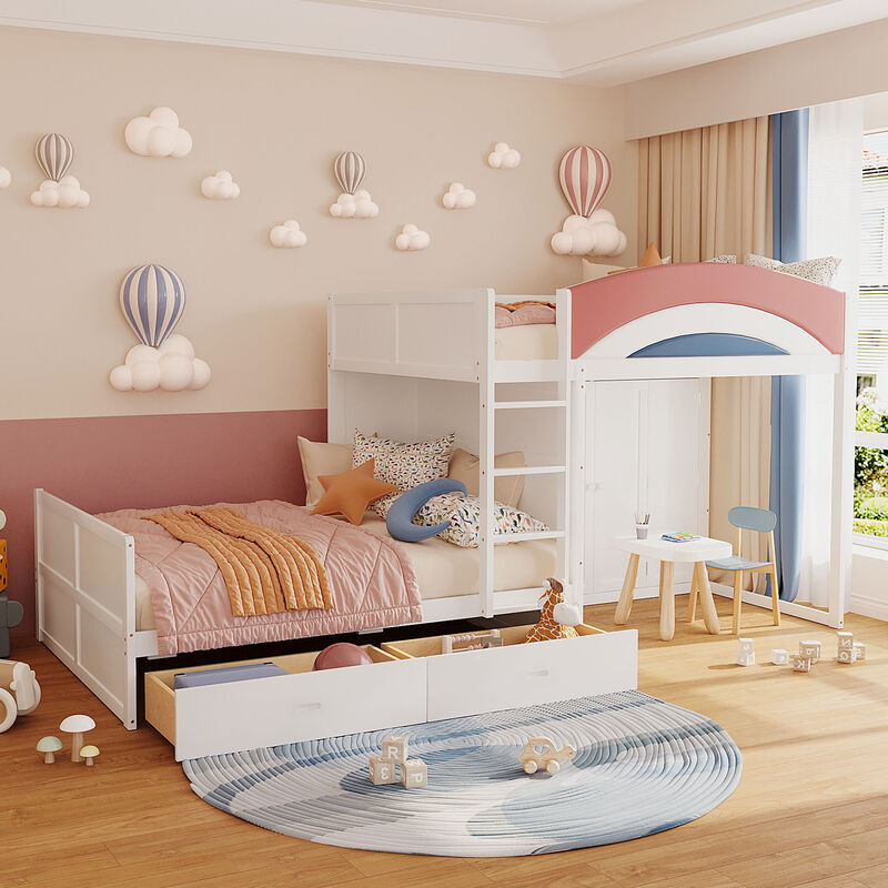 Merax Full Size Offset Bunk Bed with Wardrobe, Drawers & Upholstered Guardrail image number 2
