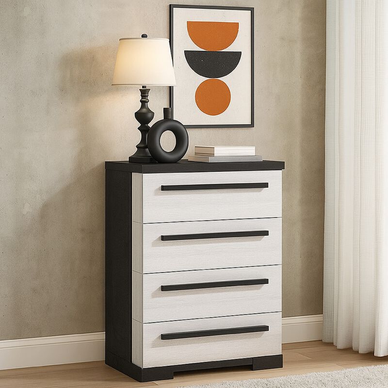 Ruthe Tall Dresser Chest with 4 Drawers, Ebony Black, White Wood