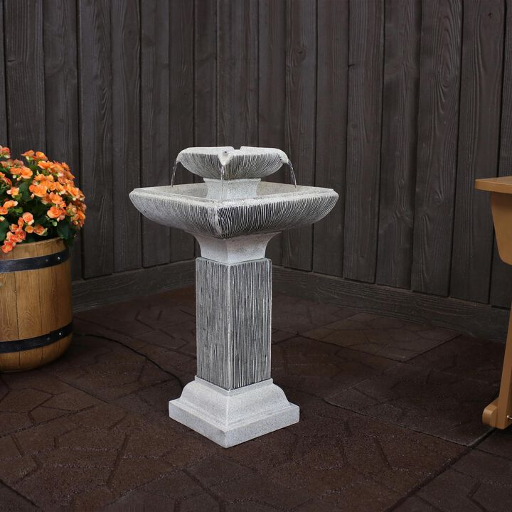 Sunnydaze Square Resin Outdoor 2-Tier Bird Bath Water Fountain with Lights
