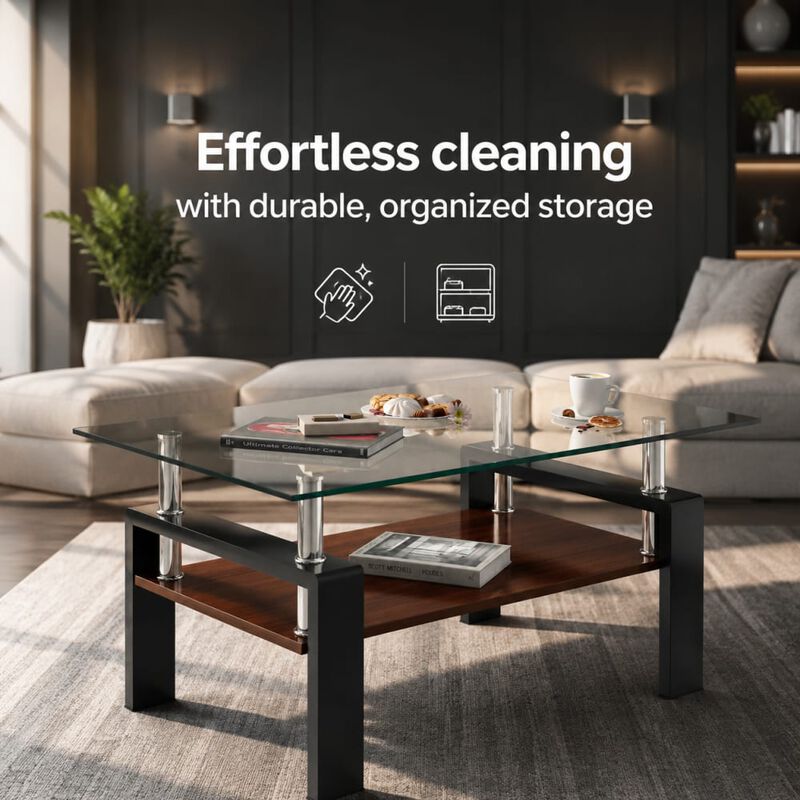 GOODSILO Modern Rectangular Coffee Table with Tempered Glass Top, Storage Shelf and Durable Metal Legs for Living Rooms image number 4