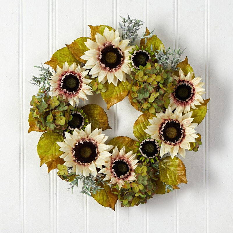 Nearly Natural 24-in White Sunflower and Hydrangea Artificial Autumn Wreath
