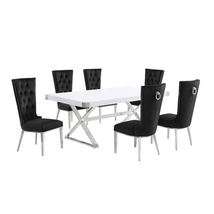 Best Quality Furniture 7pc Small(78) white wood top dining set with silver base and 6 chairs