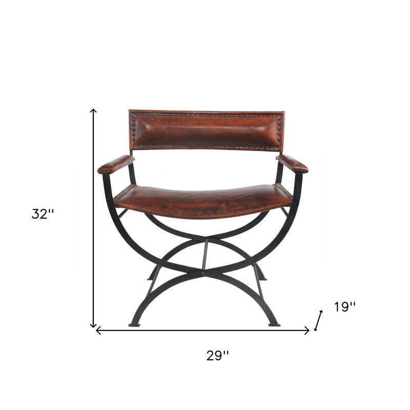 HomeRoots 29" Brown and Black Metal And Genuine Leather Director's Chair image number 6