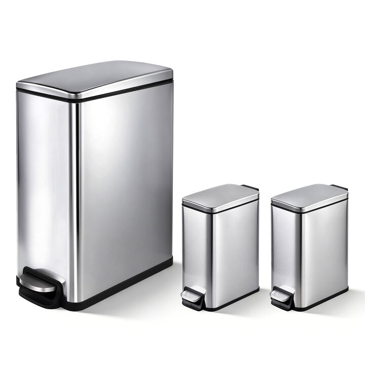 11.9 Gallon + Two 1.6 Gallon Slim Trash Can Sets, Stainless Steel Step-on Trash Can with Soft-Close Lid. Silver