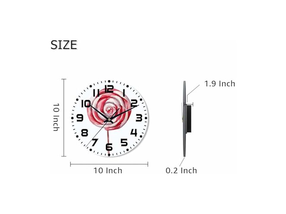 Lollipop Sugar Candy Red White Stripe Wall Clock 10 Inch Silent Non Ticking