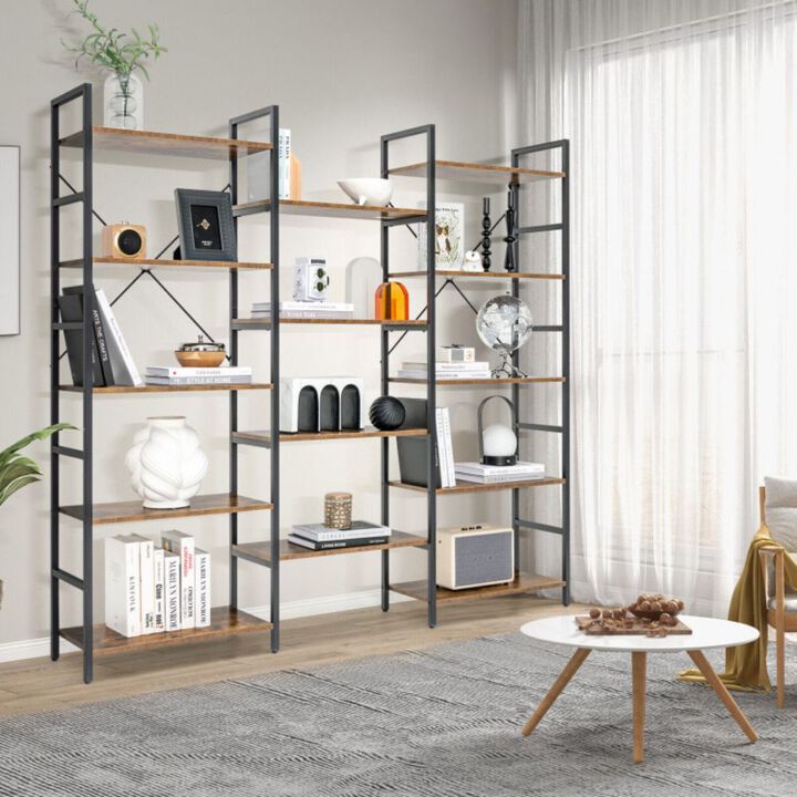 Hivago Large Triple Wide Floor Standing Bookcase Display Shelf with Metal Frame-Rustic Brown