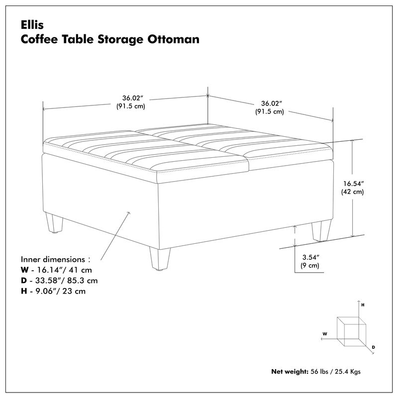 Ellis 36 inch Wide Contemporary Square Coffee Table Storage Ottoman in Distressed Brown Vegan Faux Leather, Assembled