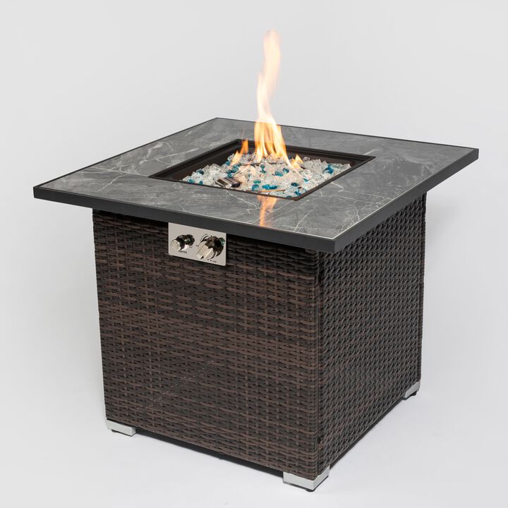 30" Propane Gas Fire Pit Table, 50000 BTU Square Fire Pit, Tile Tabletop with Wicker Base