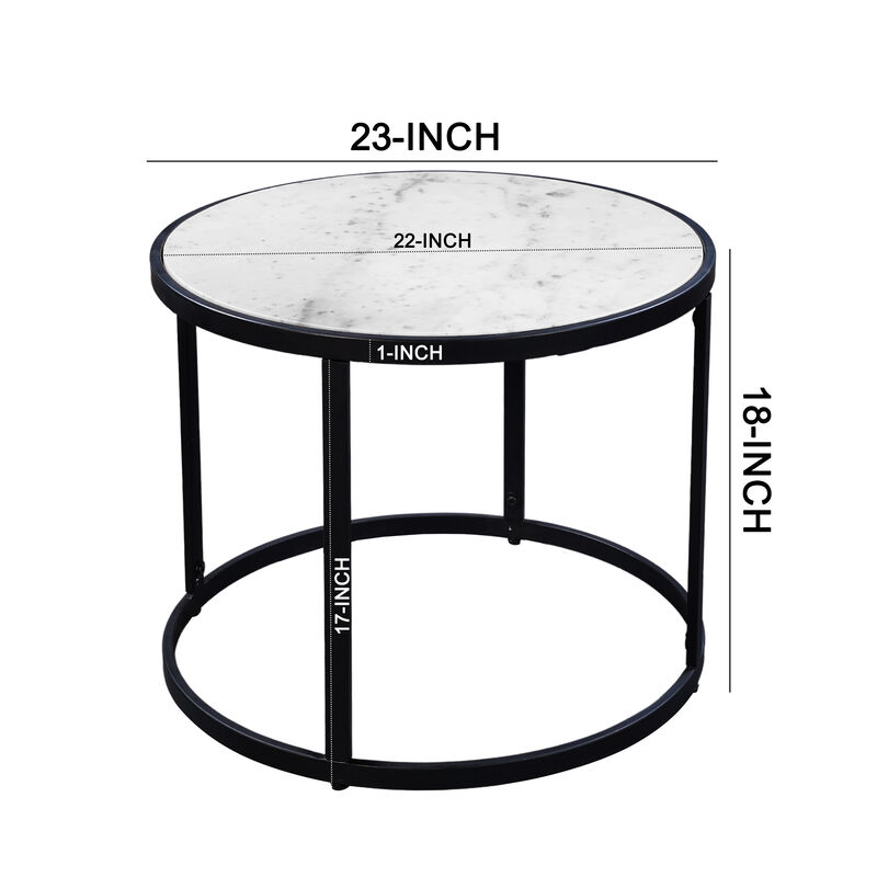 23 Inch Side End Table, Modern Round White Natural Marble Top, Classic Black Iron Frame