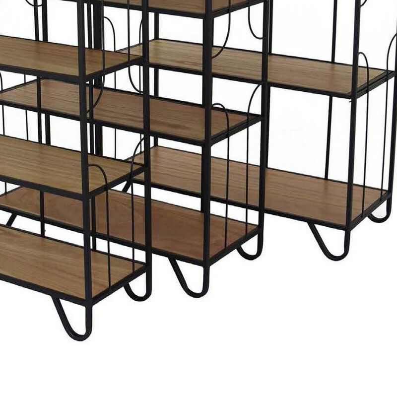 Set of 3 Plant Stand Tables, 12 Storage Shelves, Black Frame, Brown Wood - Benzara