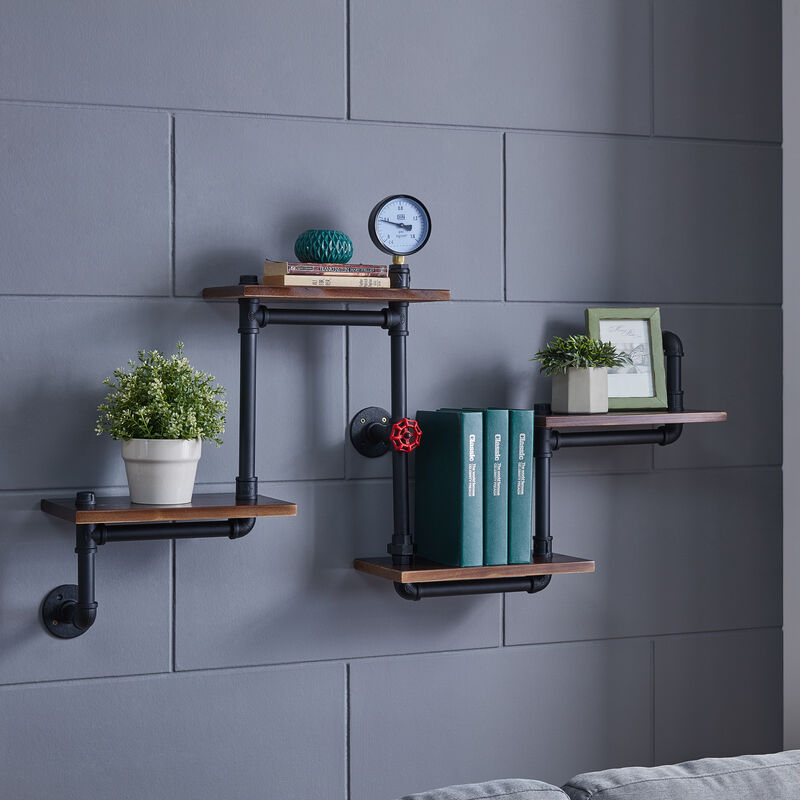4-Tier Floating Corner Or Flat Wall Shelf Staggered Floating Industrial Rustic Pipe Shelving Unit – Wall Mount