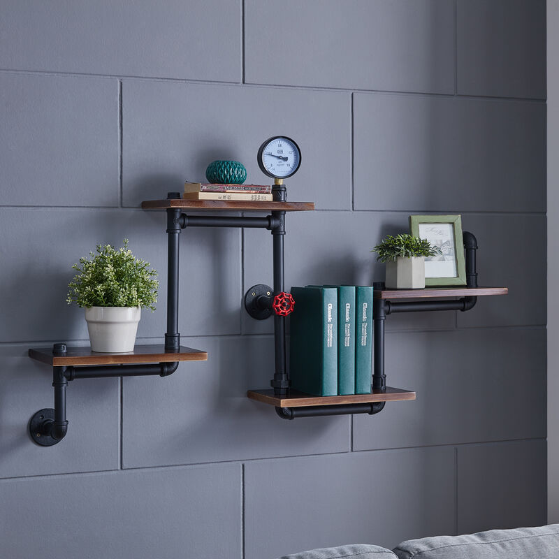 4-Tier Floating Corner Or Flat Wall Shelf Staggered Floating Industrial Rustic Pipe Shelving Unit � Wall Mount