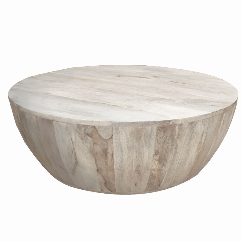 Arthur 35.5 Inch Round Mango Wood Coffee Table, Subtle Grains, Distressed White