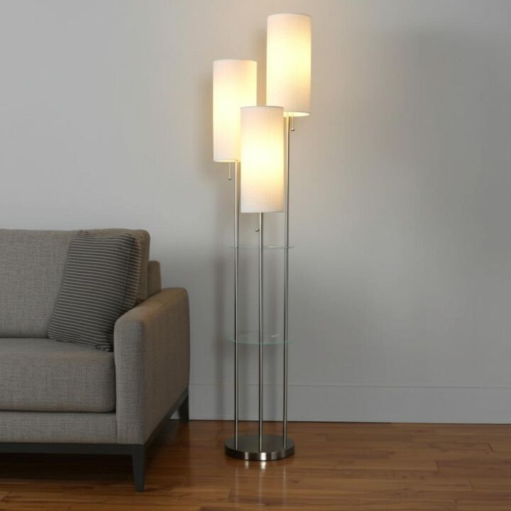 Hivvago 68" Silver Three Light Novelty Floor Lamp With White Linen Cylinder Shade