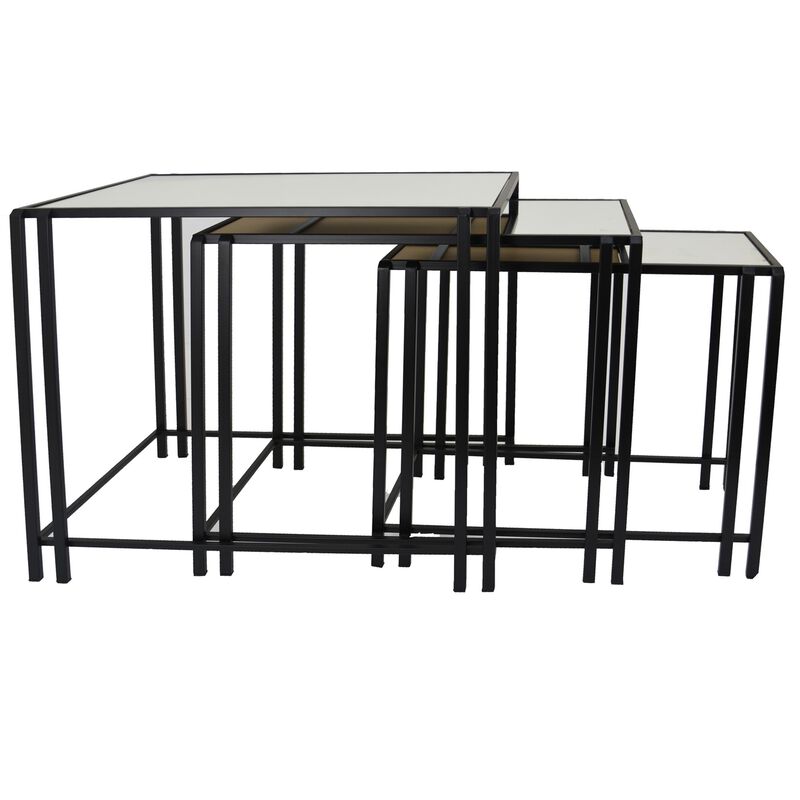 Buckley Nesting Plant Stand Table Set of 2, Black Metal, Mirrored Top - Benzara