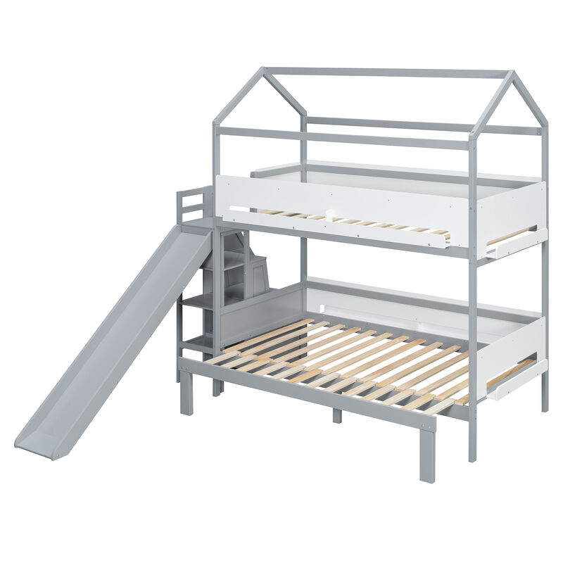 Merax Twin Over Twin/Full House Bunk Bed with Slide & Storage Guardrails image number 0